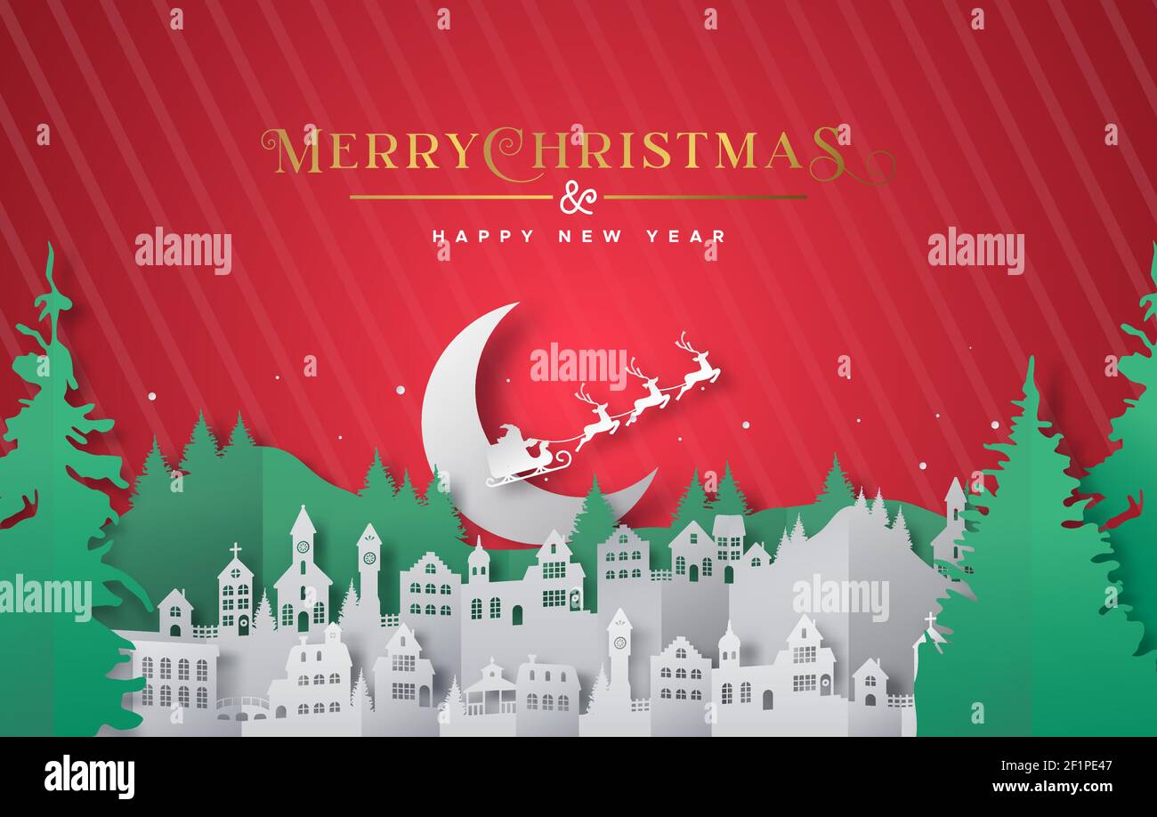 Joyeux Noël carte de vœux du nouvel an illustration du paysage de la ville d'hiver et de la forêt de pins. Noël festif en 3D avec santa c Illustration de Vecteur