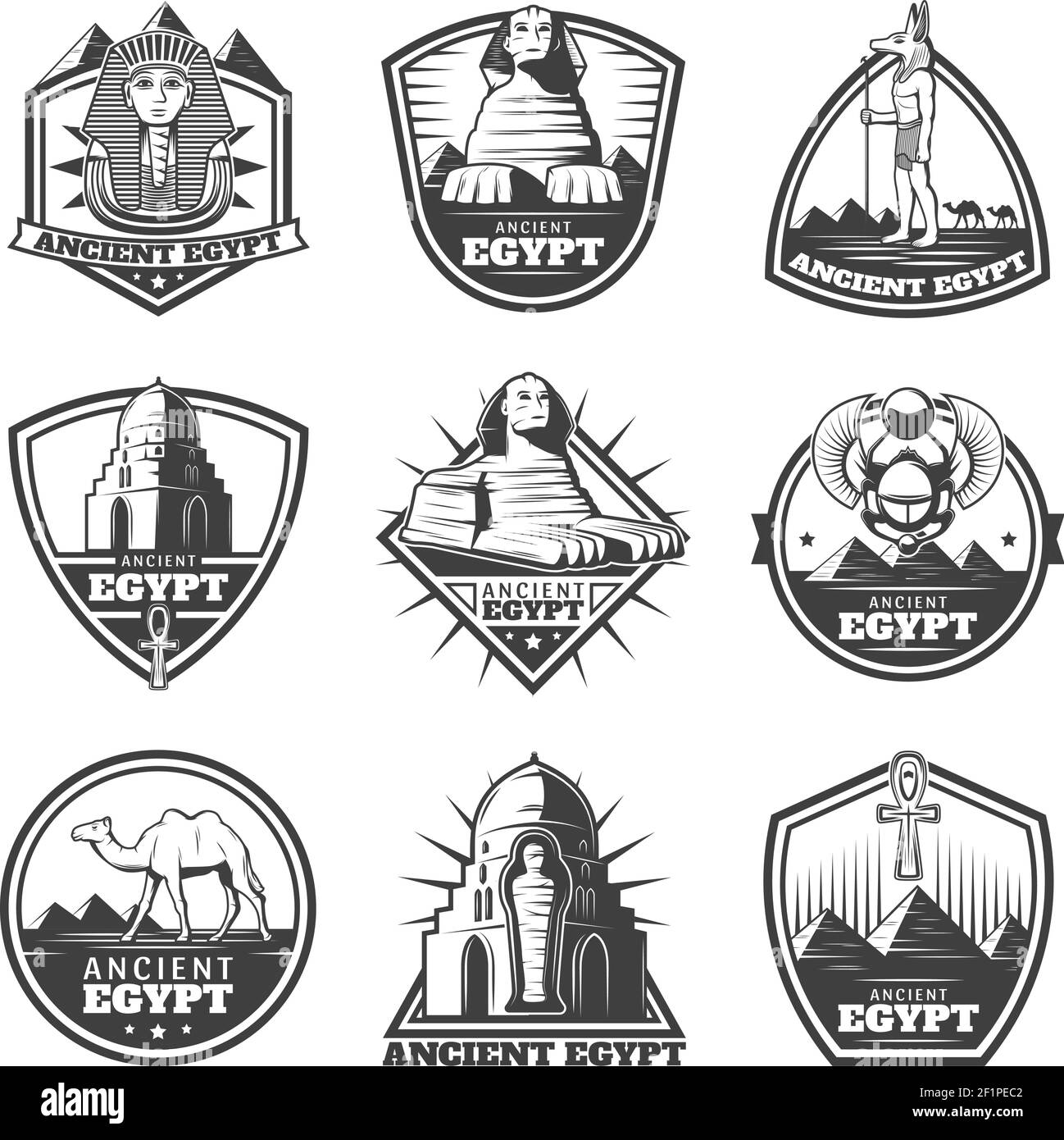 Ensemble d'étiquettes vintage monochrome anciennes d'Égypte avec vues pharaoh sphinx illustration vectorielle isolée croisée symbolique de chameau scarab Illustration de Vecteur