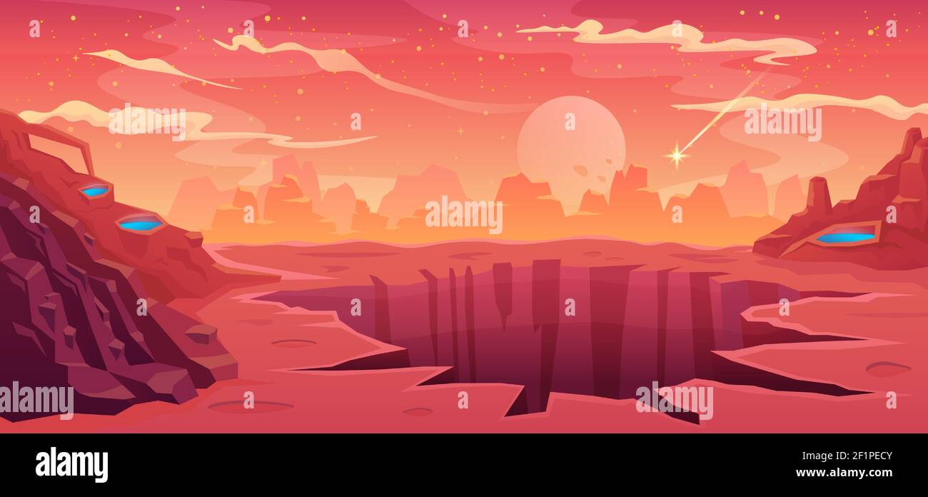 Espace arrière-plan extraterrestre fantastique paysage avec des rochers et un grand cratère, surface vide de la planète rouge Mars, ciel nuageux et comète tombant, ordinateur Illustration de Vecteur
