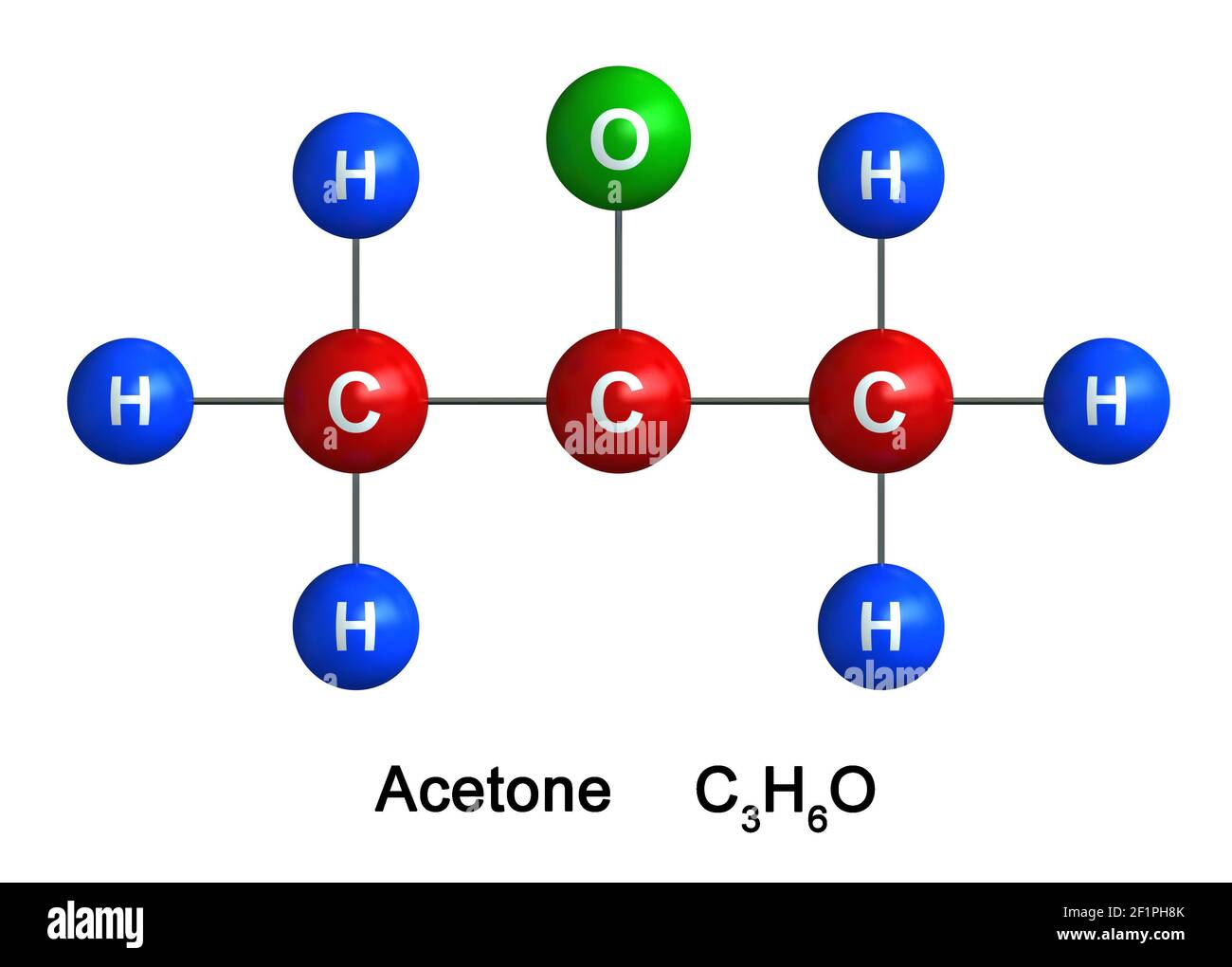 Rendu 3d de la structure moléculaire de l'acétone isolée sur fond blanc. Les atomes sont représentés sous forme de sphères avec un code de couleur et de symbole chimique : h. Banque D'Images
