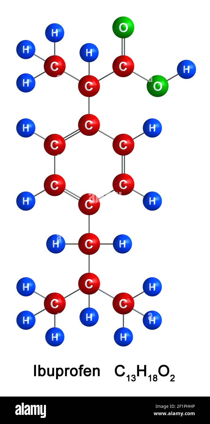 rendu 3d de la structure moléculaire de l'ibuprofène isolé sur fond blanc. Les atomes sont représentés sous forme de sphères avec un code de couleur et de symbole chimique : Banque D'Images