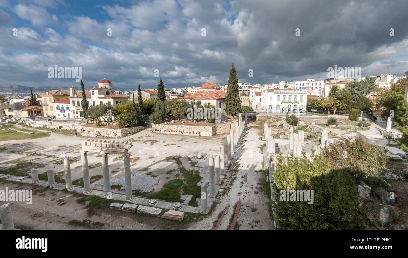 L'agora romaine, l'un des sites archéologiques les plus importants et emblématiques d'Athènes, de Grèce, d'Europe. Banque D'Images