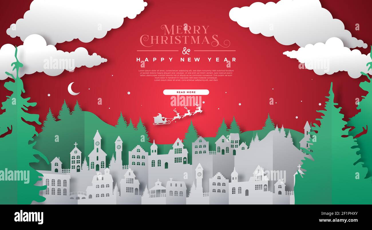 Joyeux Noël heureux modèle Web de la nouvelle année illustration du paysage de ville d'hiver et de forêt de pins. Noël festif en 3D avec santa cl Illustration de Vecteur