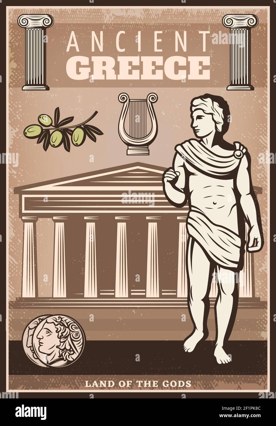 Affiche ancienne Grèce de couleur vintage avec branche d'olive de pièces grecques colonnes de harpe et illustration du vecteur du temple Illustration de Vecteur