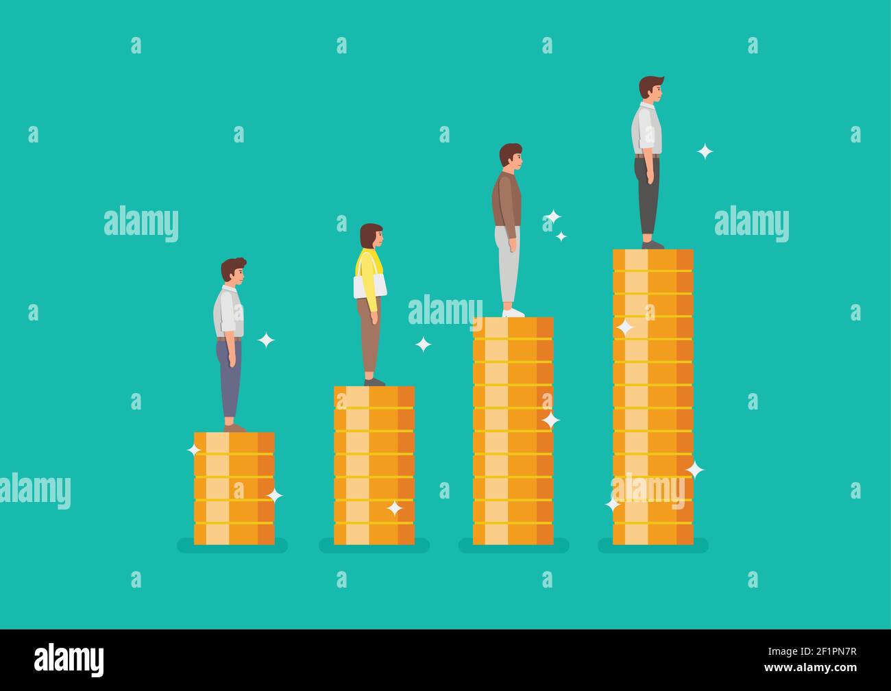 Les personnes se tenant sur des piles de pièces comme graphique vers le haut. Illustration vectorielle Illustration de Vecteur