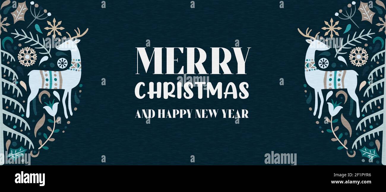 Joyeux Noël bonne année bannière illustration, vintage décoration d'art scandinave avec renne animal, pin et flocon de neige d'hiver rétro Illustration de Vecteur