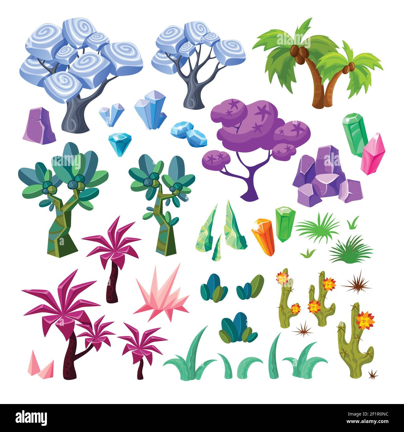 Collection d'éléments de paysage de dessins animés avec arbres minéraux cristaux pierres cactus bagues pour la conception de jeu illustration vectorielle isolée Illustration de Vecteur