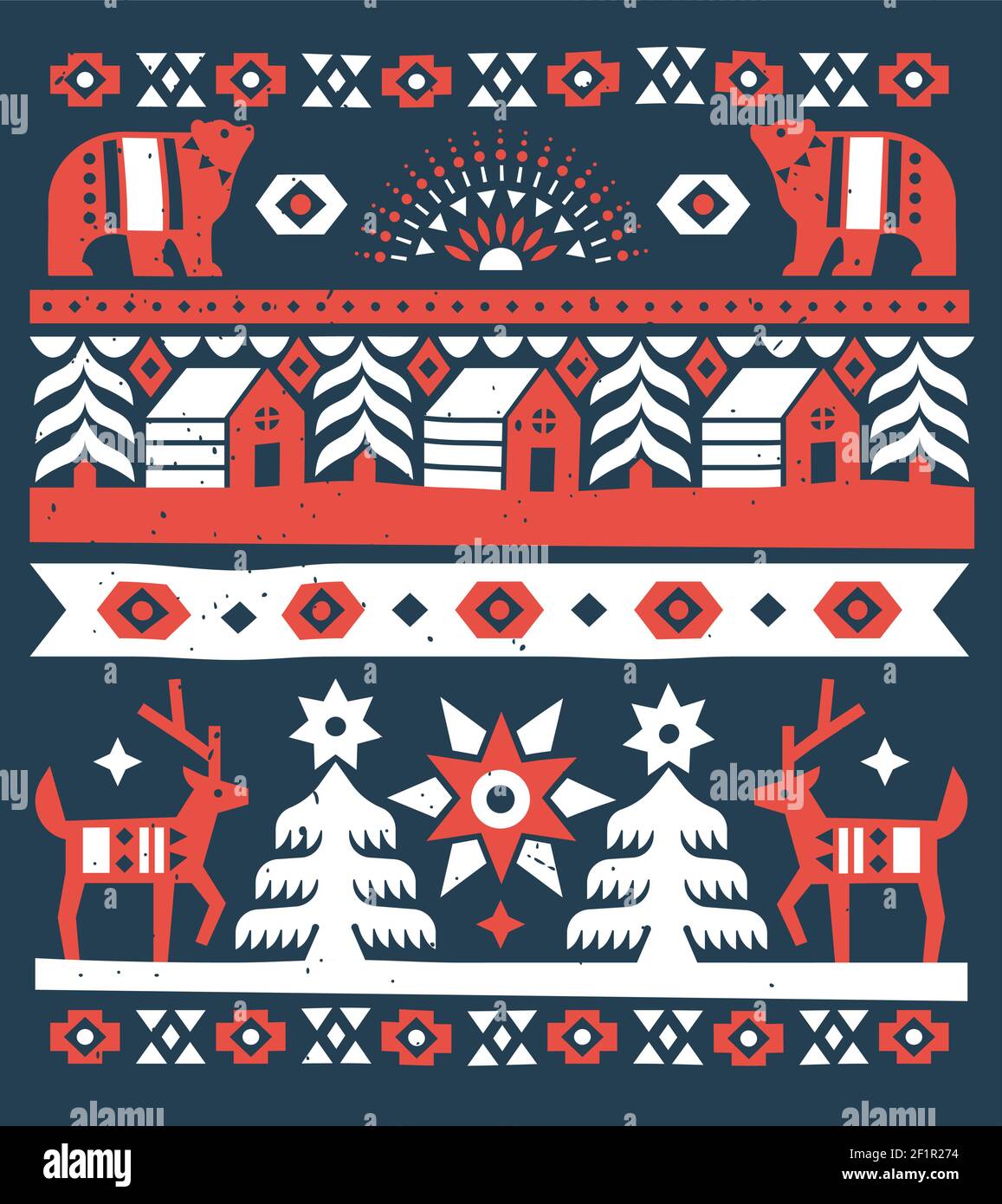 Carte de vœux de Noël illustration de la décoration traditionnelle de l'art populaire et du paysage forestier. Design nordique rétro avec ours, renne, pin, huous Illustration de Vecteur