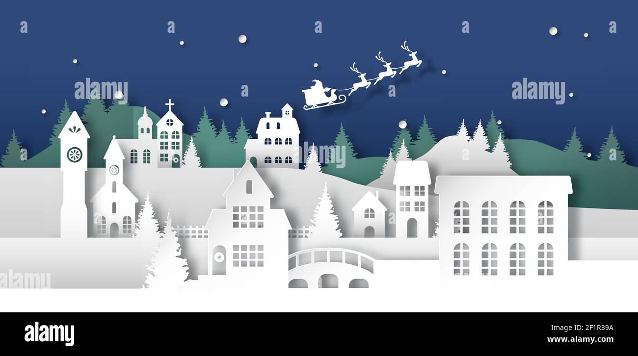Illustration de la ville de Noël avec une coupe de papier en 3d. Ville d'hiver avec église, bâtiments de maison, santa claus et forêt de pins tachés de papier. Blanc Illustration de Vecteur