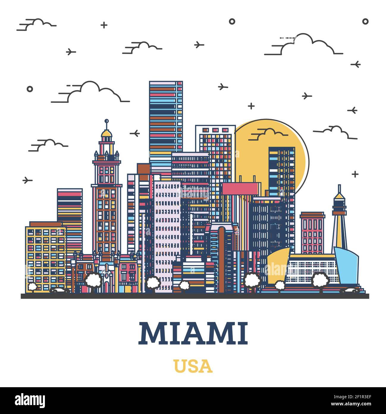 Outline Miami Florida City Skyline avec des bâtiments modernes colorés isolés sur blanc. Illustration vectorielle. Miami USA Cityscape avec des sites touristiques. Illustration de Vecteur
