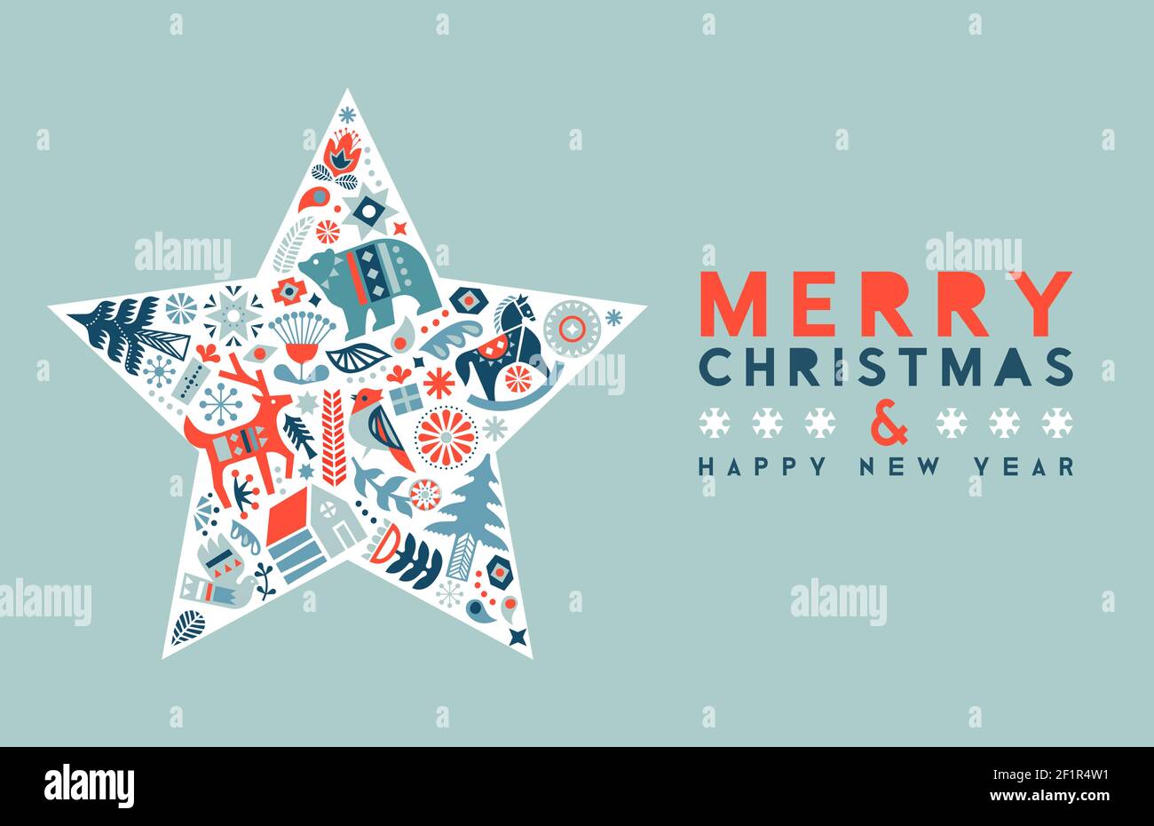 Joyeux Noël carte de vœux de bonne année. Icônes artistiques folkloriques scandinaves colorées en forme d'étoile. Décoration de vacances dans la traditionnelle nordic St Illustration de Vecteur