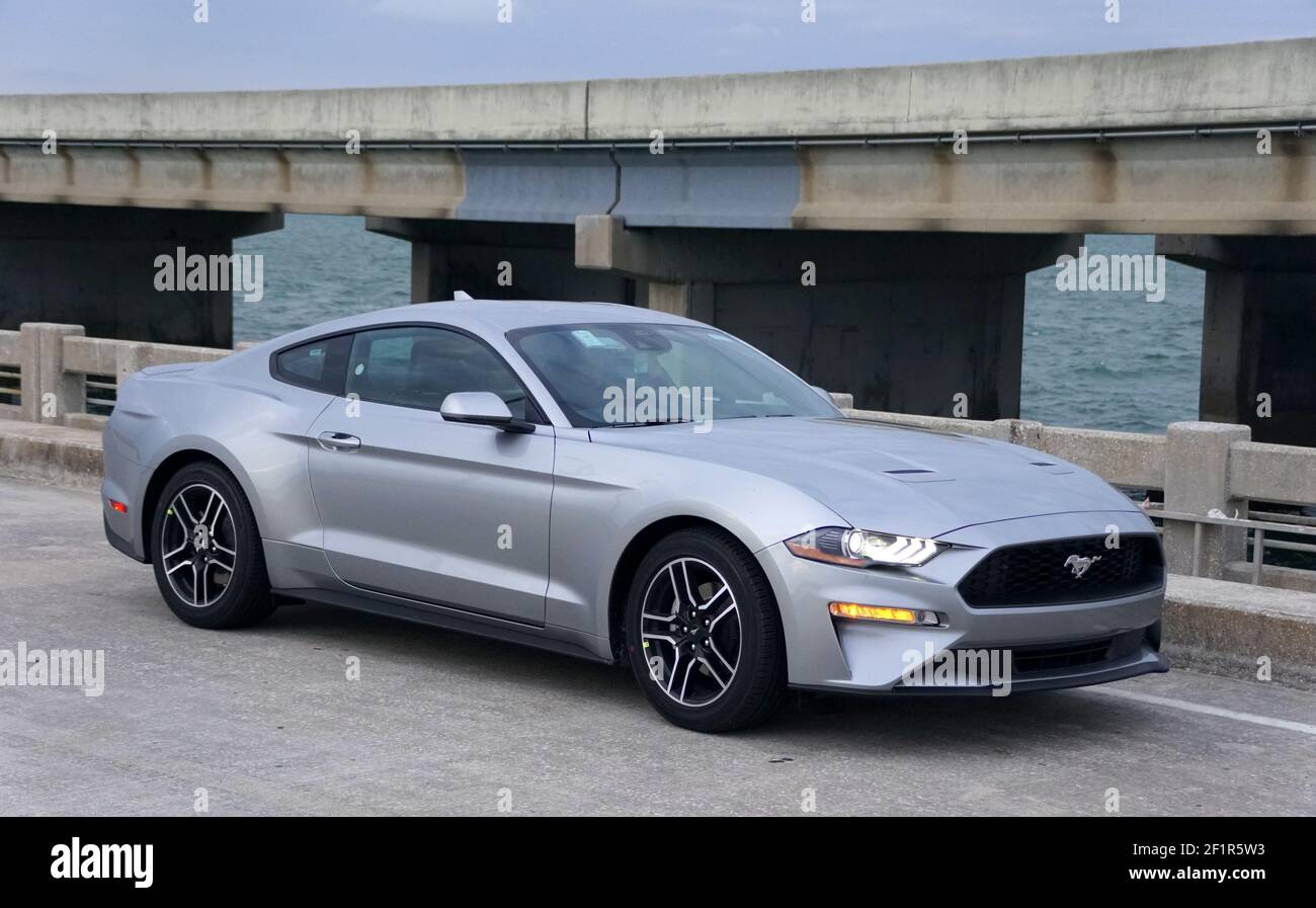 Saint-Pétersbourg, Floride, États-Unis - 16 février 2021 - UNE toute nouvelle Ford Mustang 2021 de couleur argent Banque D'Images
