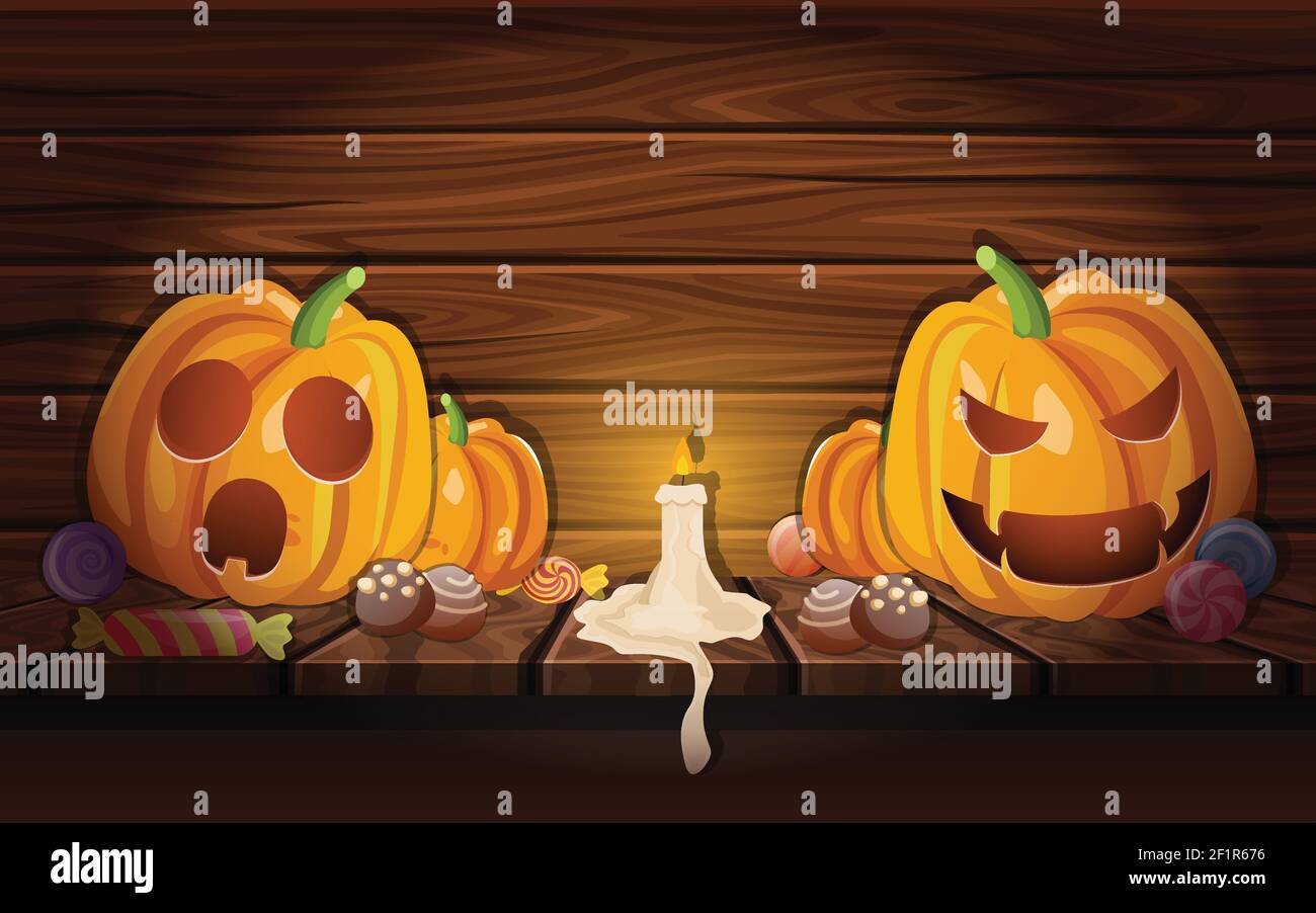 Composition de dessins animés avec citrouilles divers bonbons d'halloween et bougie illustration vectorielle d'arrière-plan en bois sombre Illustration de Vecteur