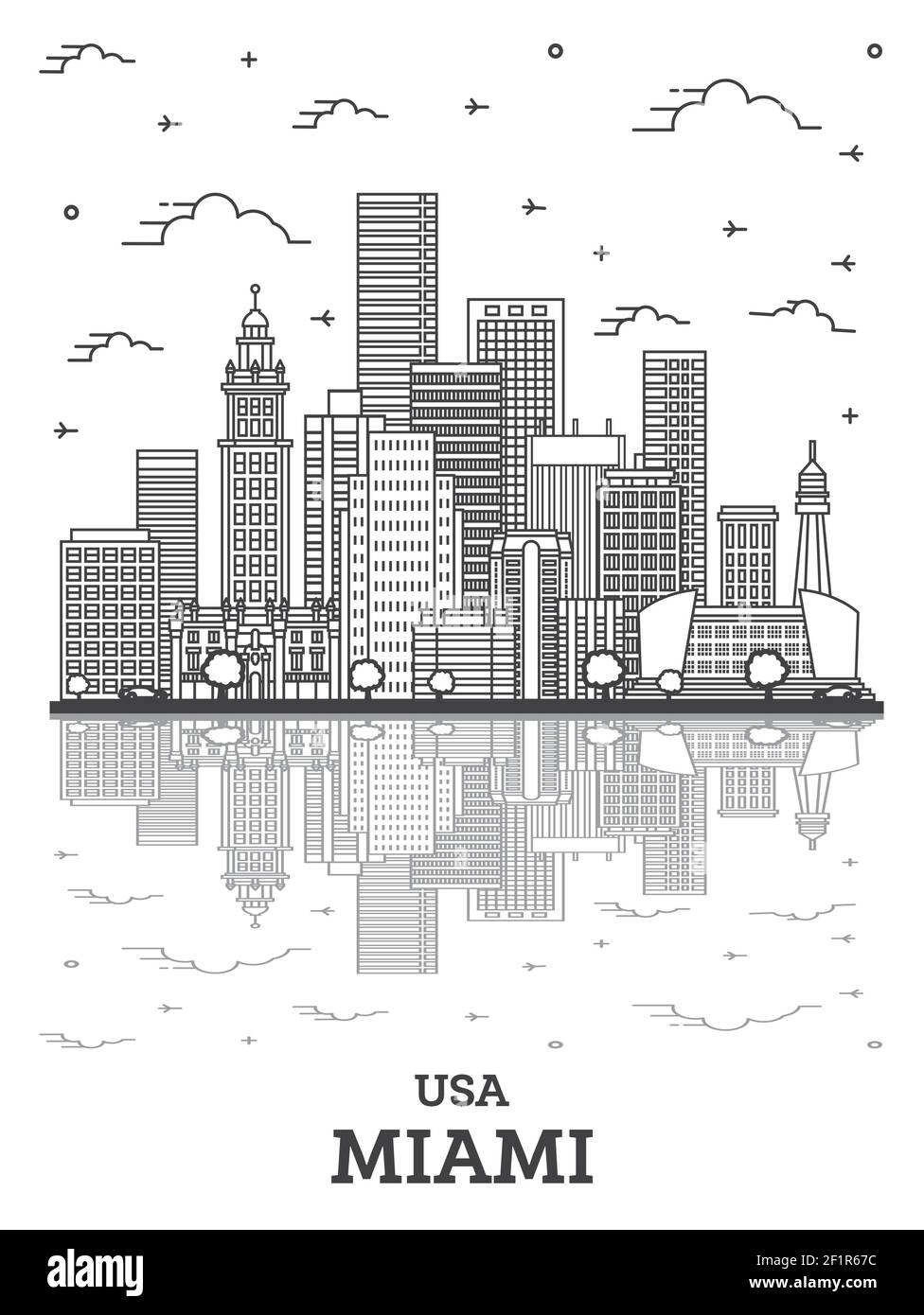 Contours Miami Floride Ville avec des bâtiments modernes et des réflexions isolé sur blanc. Vector Illustration. USA Miami Cityscape avec repères. Illustration de Vecteur