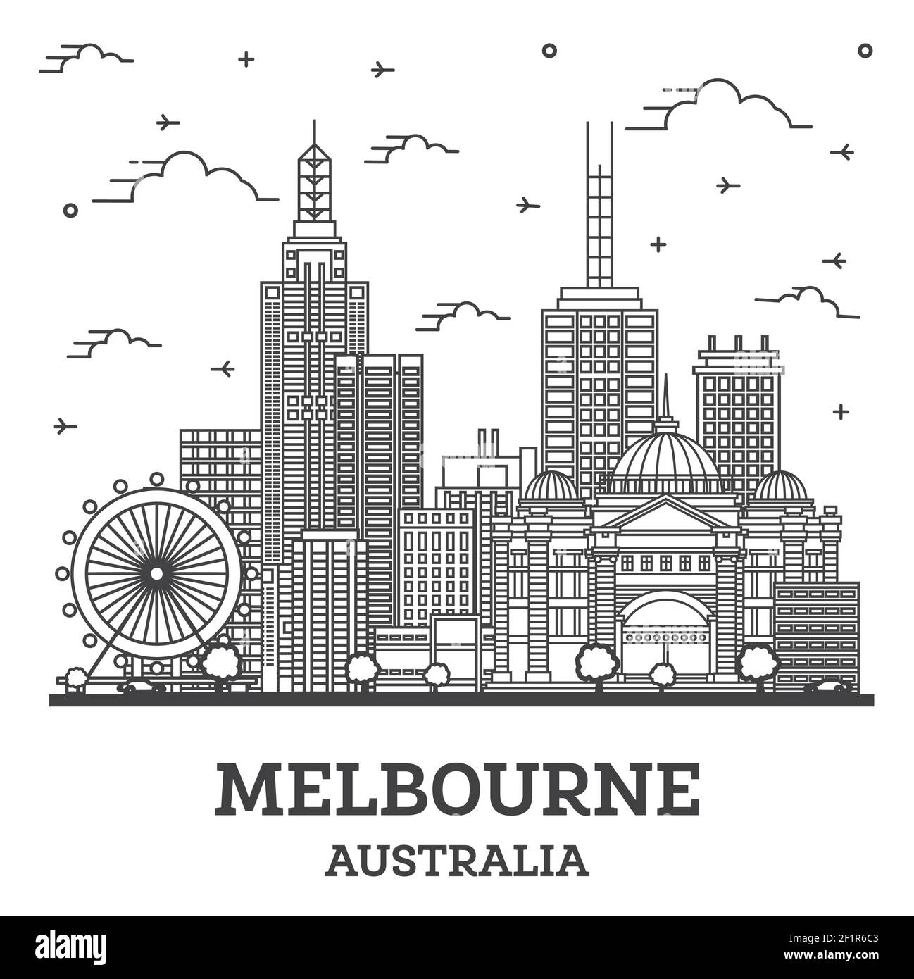 Outline Melbourne Australia City Skyline avec bâtiments modernes et historiques isolés sur White. Illustration vectorielle. Melbourne Cityscape avec des sites touristiques Illustration de Vecteur