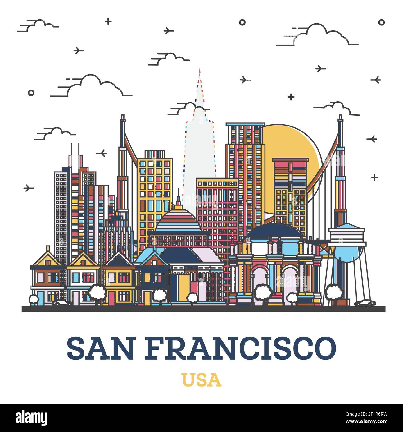 Aperçu de San Francisco California City Skyline avec des bâtiments modernes colorés isolés sur blanc. Illustration vectorielle. San Francisco USA Cityscape Illustration de Vecteur