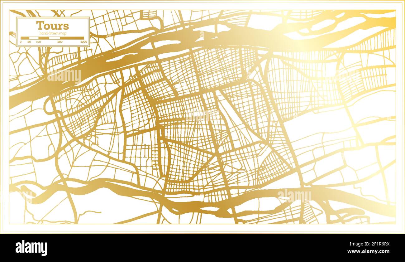 Tours France carte de la ville en style rétro en couleur dorée. Carte de contour. Illustration vectorielle. Illustration de Vecteur