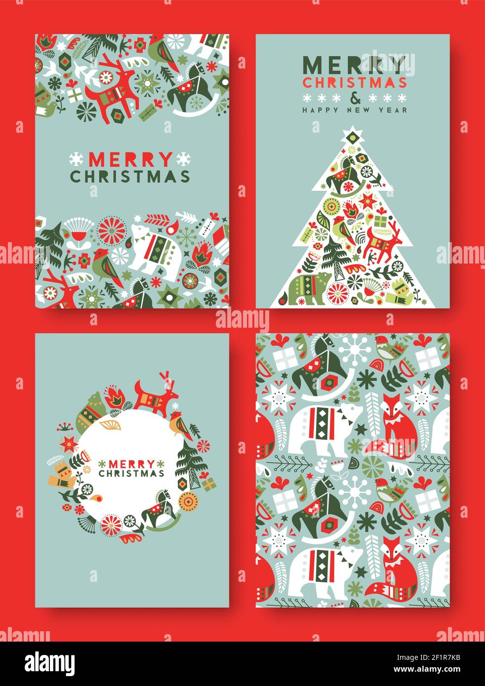 Joyeux Noël ensemble de cartes de vœux du nouvel an. Illustration d'une icône d'art folklorique scandinave rétro. Décoration de vacances dans le style nordique moderne avec wi Illustration de Vecteur