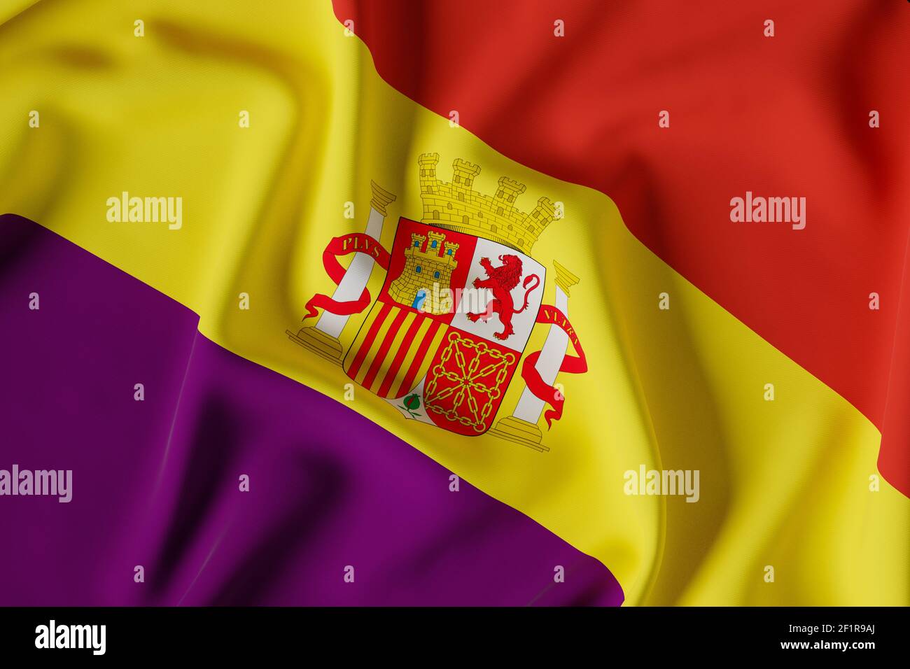 Drapeau officiel de la deuxième république espagnole. Version avec illustration de rendu Shield.3D Banque D'Images