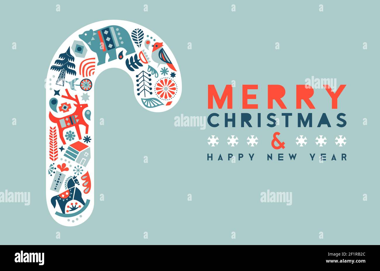 Joyeux Noël carte de vœux de bonne année. Des icônes artistiques folkloriques scandinaves colorées en forme de canne à sucre. Décoration de vacances dans le style nordique traditionnel Illustration de Vecteur