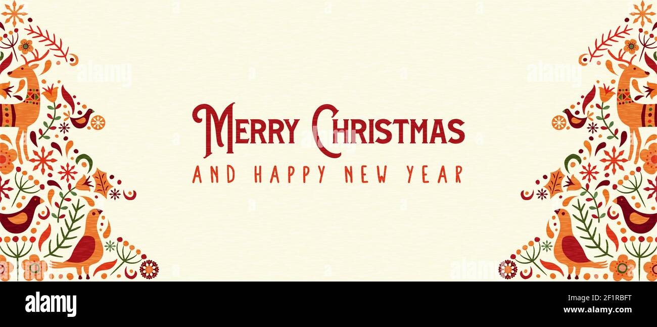 Joyeux Noël bonne bannière Web de la nouvelle année. Icônes de l'art folklorique scandinave en forme de pin. Décoration de vacances dans le style nordique traditionnel comprend Illustration de Vecteur