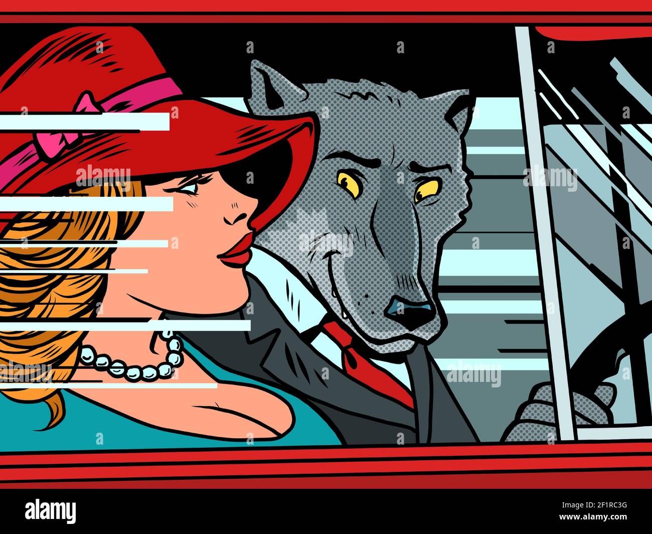 Wolf et Little Red Riding Hood dans la voiture Illustration de Vecteur
