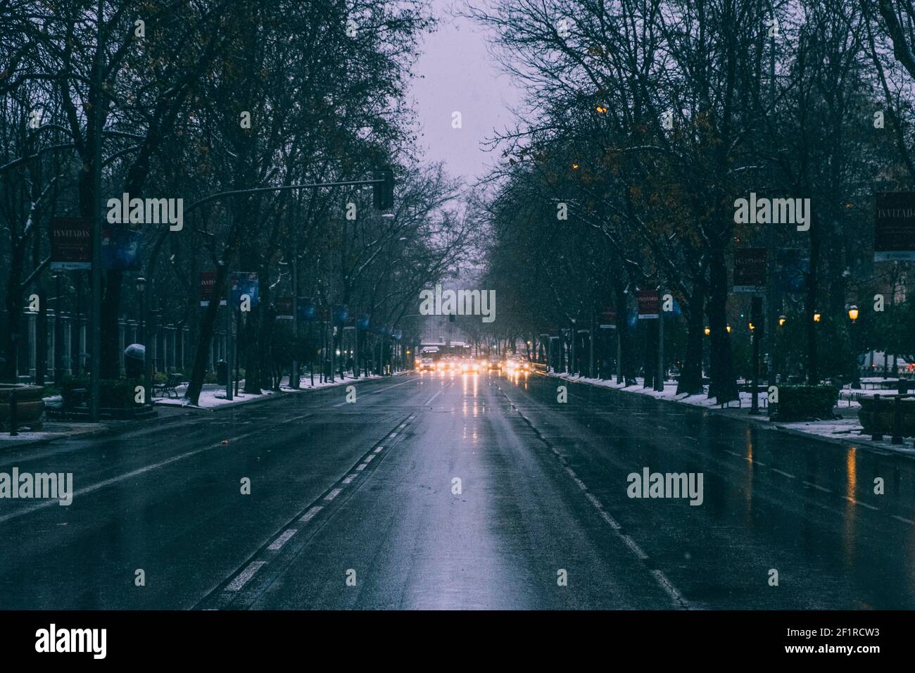 Voitures venant sur le paseo de recoletos au crépuscule lors de la chute de neige la plus lourde depuis des décennies à Madrid, Espagne. Banque D'Images