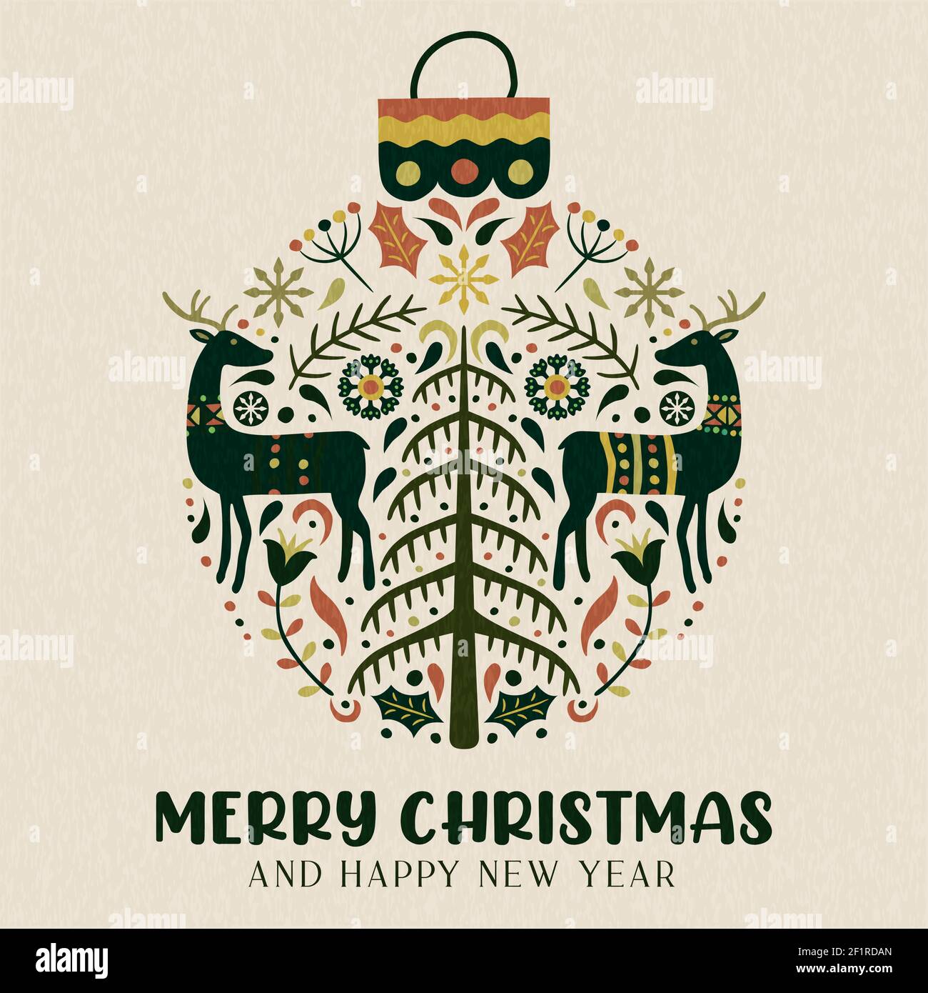 Illustration de la carte de vœux Joyeux Noël nouvel an. Boule d'art scandinave traditionnelle avec décoration d'hiver dessinée à la main. Vintage nordic Reind Illustration de Vecteur