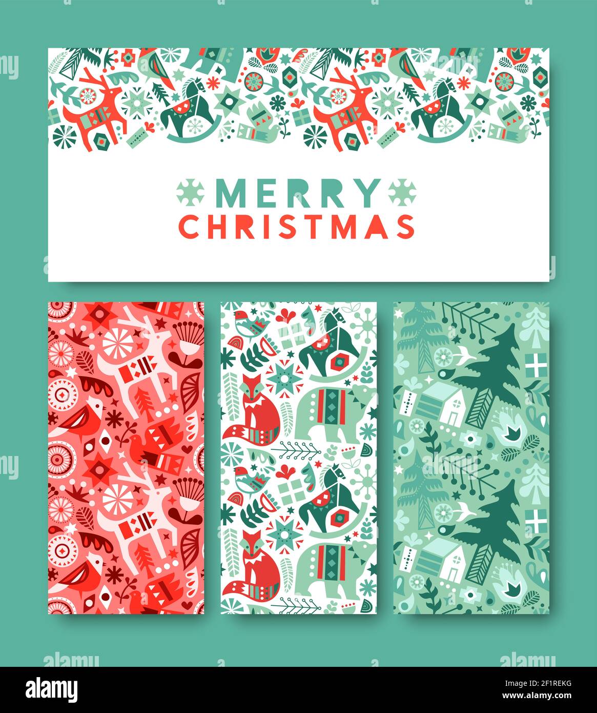 Ensemble de cartes de vœux Merry Christmas, collection vintage d'illustrations d'icônes d'art folklorique scandinave. La décoration de vacances dans le style nordique rétro inclut le vin Illustration de Vecteur