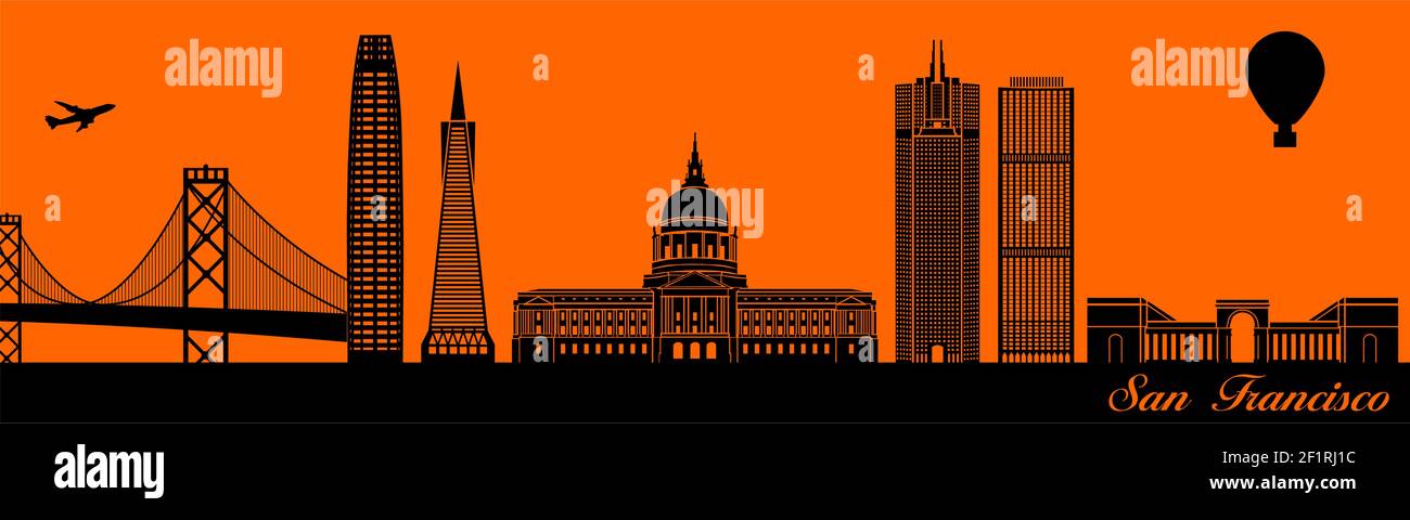 Silhouette d'horizon de la ville vectorielle - illustration, ville en fond orange, San Francisco Californie Illustration de Vecteur