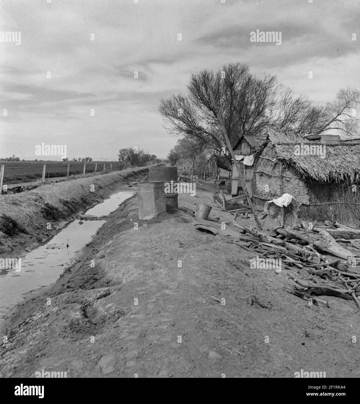 Logement de la banque de fossé pour les travailleurs mexicains sur le terrain. Imperial Valley, Californie - Photographie de Dorothea Lange Banque D'Images