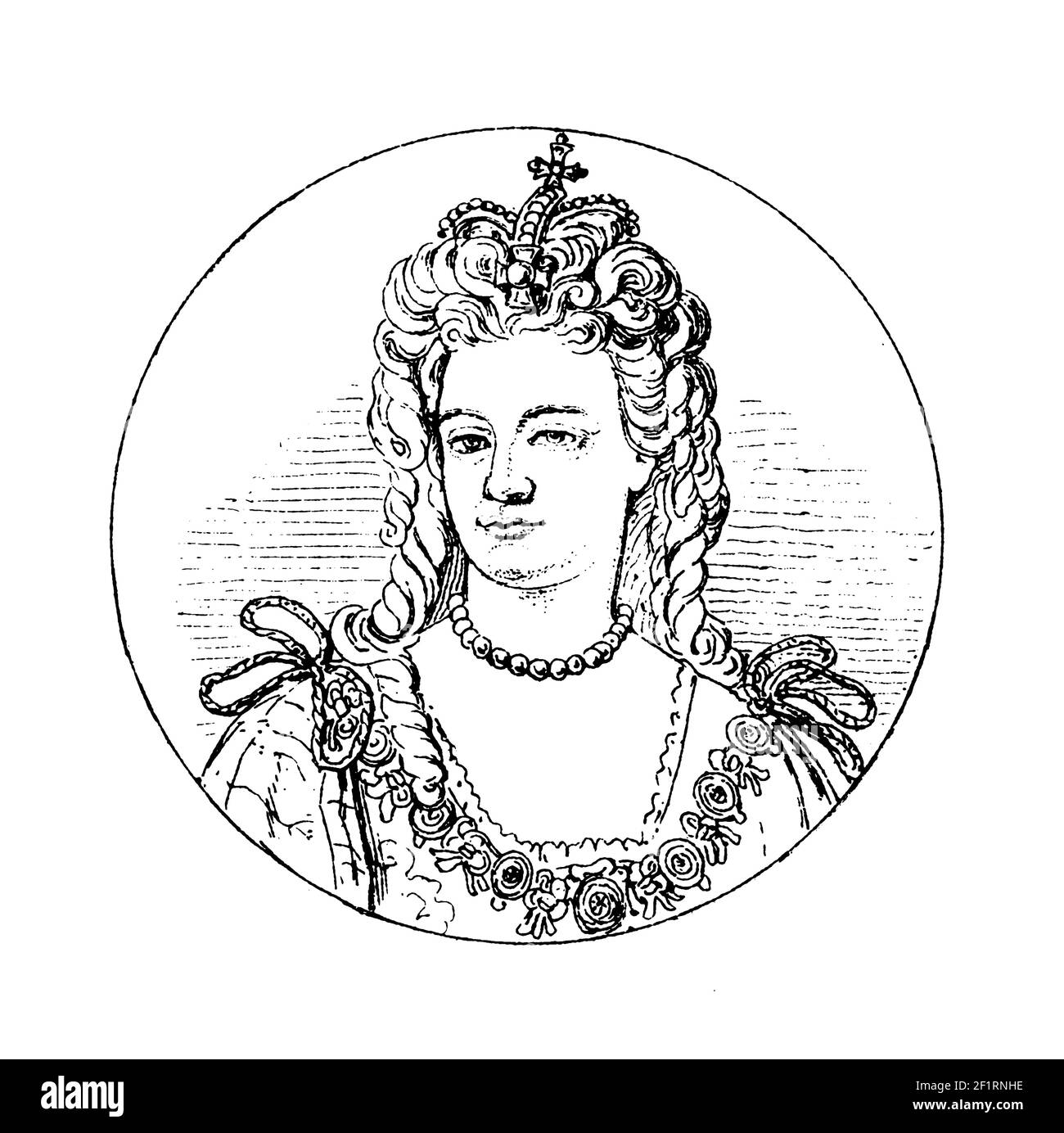 Gravure antique d'un portrait d'Anne, de la reine d'Angleterre, de l'Écosse et de l'Irlande. Elle est née le 6 février 1655 à Londres, en Angleterre, et est décédée sur Augus Banque D'Images