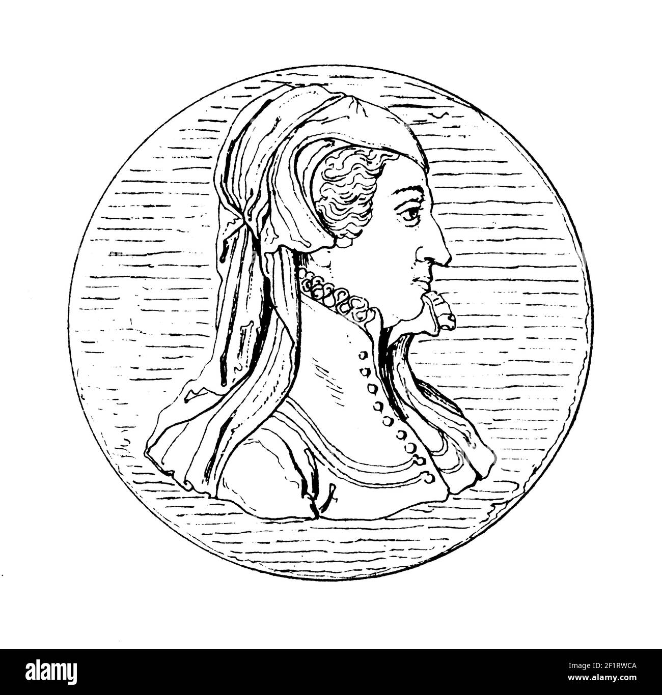 Illustration du XIXe siècle d'un portrait de Catherine de' Medici, reine consort du roi Henri II de France. Elle est née le 13 avril 1519 à Florence, Banque D'Images