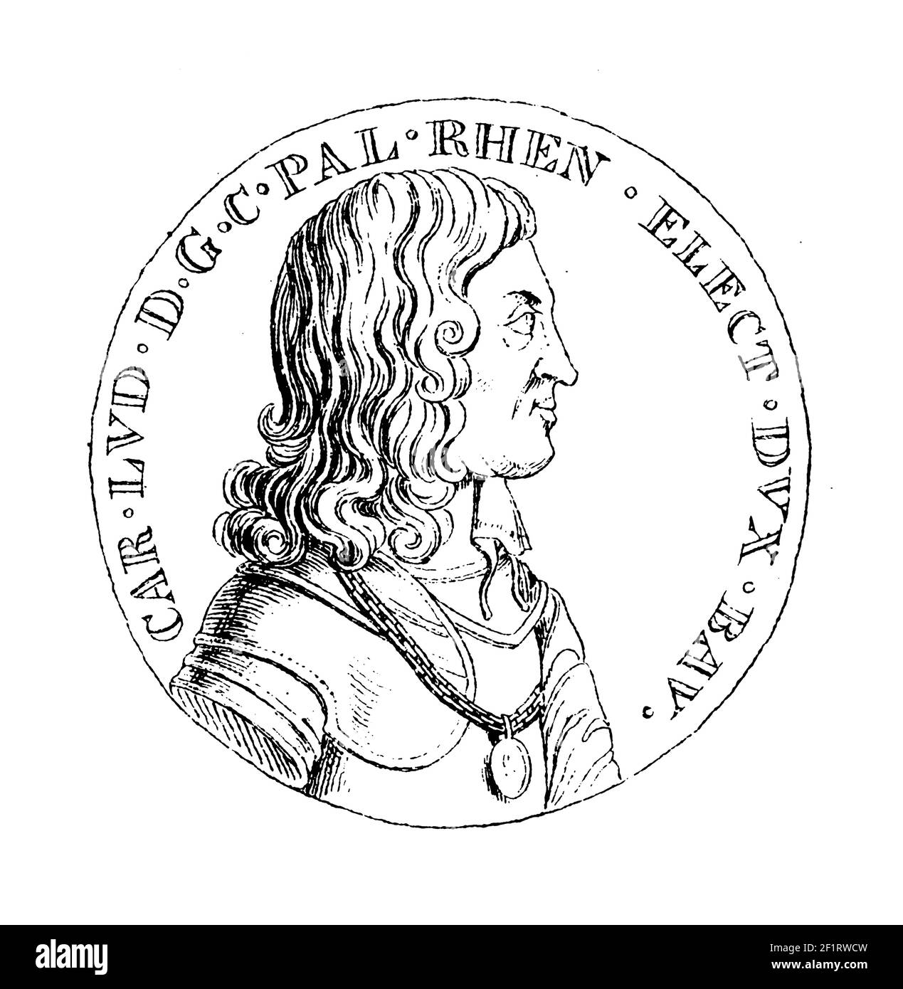 Gravure antique du XIXe siècle d'un portrait de Charles I Louis, électeur Palatin. Il est né le 22 décembre 1617 à Heidelberg, en Allemagne, et il est décédé Banque D'Images