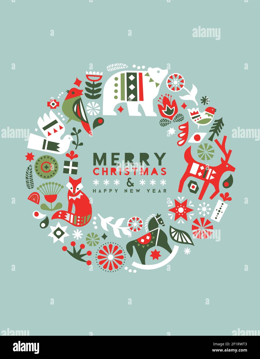 Joyeux Noël carte de vœux du nouvel an illustration des icônes d'art scandinave colorées. Décoration de vacances dans le style nordique rétro inclus Illustration de Vecteur