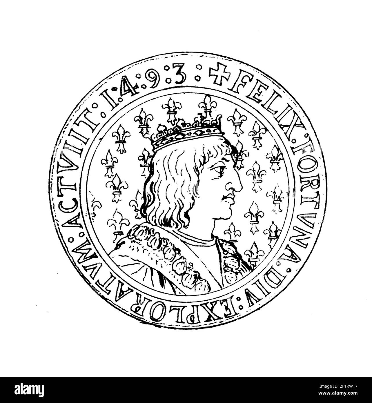 Illustration antique du XIXe siècle d'un portrait de Charles VIII, roi de France. Il est né le 30 juin 1470 à Château d'Amboise, en France, et il est décédé Banque D'Images