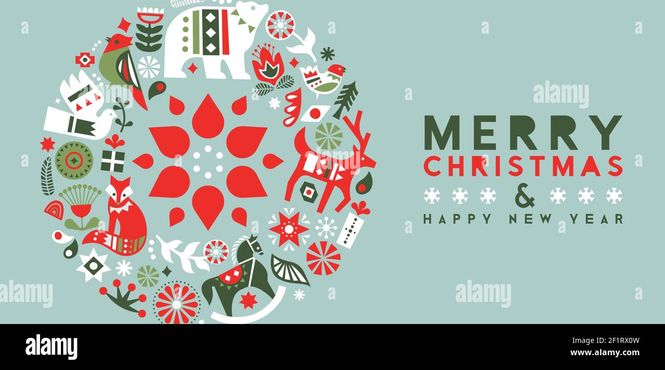 Joyeux Noël bonne année web bannière illustration. Icône animal vintage de style scandinave avec décoration nature d'hiver. Vacances rétro d Illustration de Vecteur