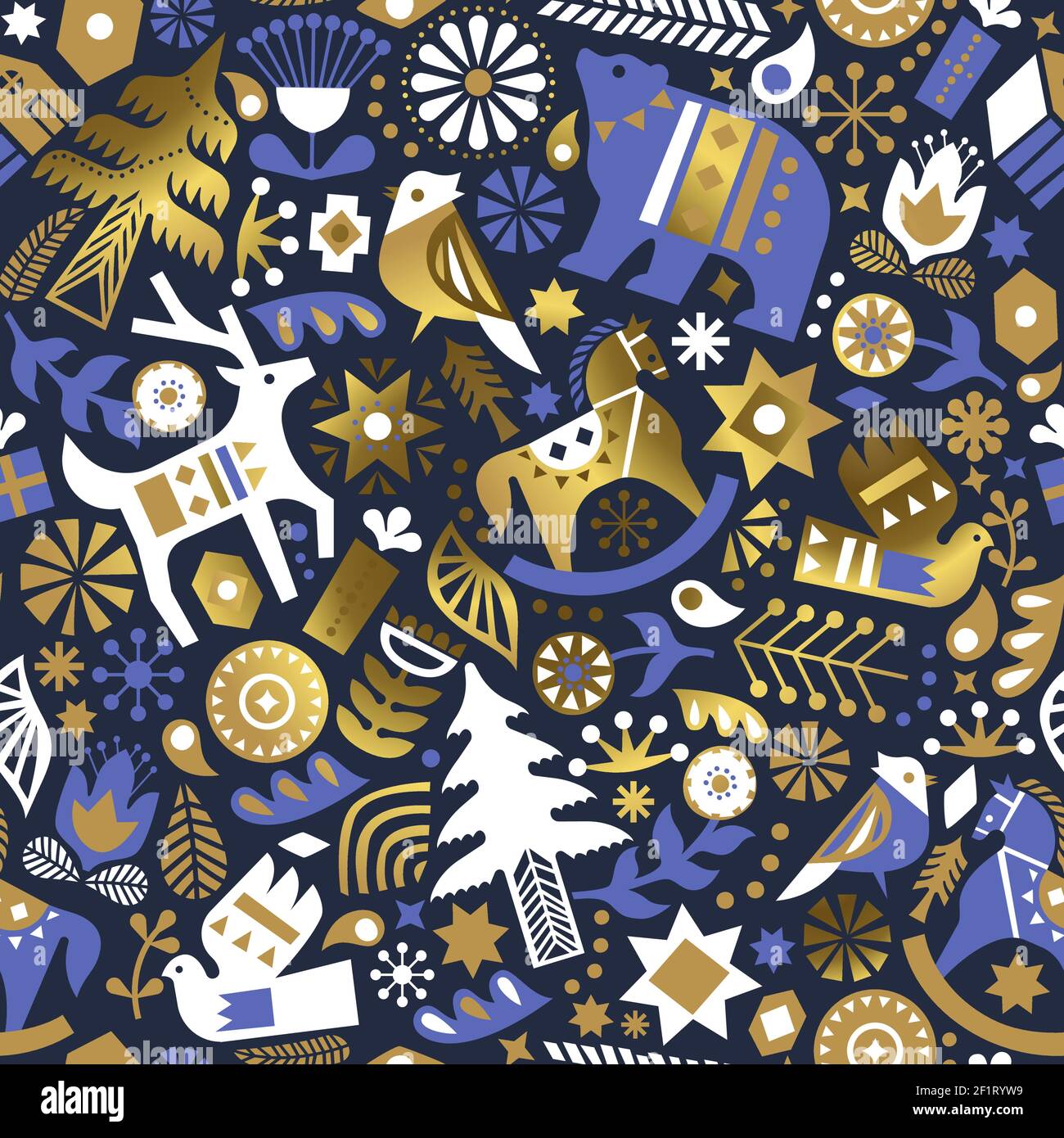 Motif de Noël sans couture illustration de la décoration de luxe or scandinave art animal. L'arrière-plan rétro de l'hiver nordique comprend le renne, l'ours, le hor Illustration de Vecteur