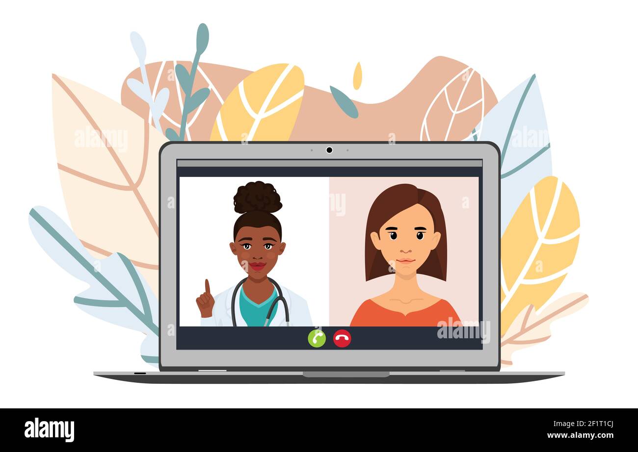 Ordinateur portable avec une photo d'un médecin et d'un patient, consultation de médecine en ligne. Illustration de Vecteur