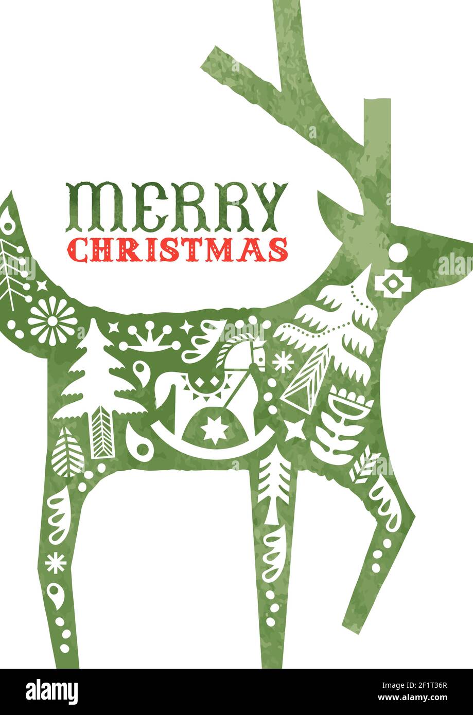 Carte de vœux Merry Christmas, décoration d'art scandinave vintage à l'intérieur de renne aquarelle pour les invitations de vacances ou les voeux de saison. Inclut p Illustration de Vecteur