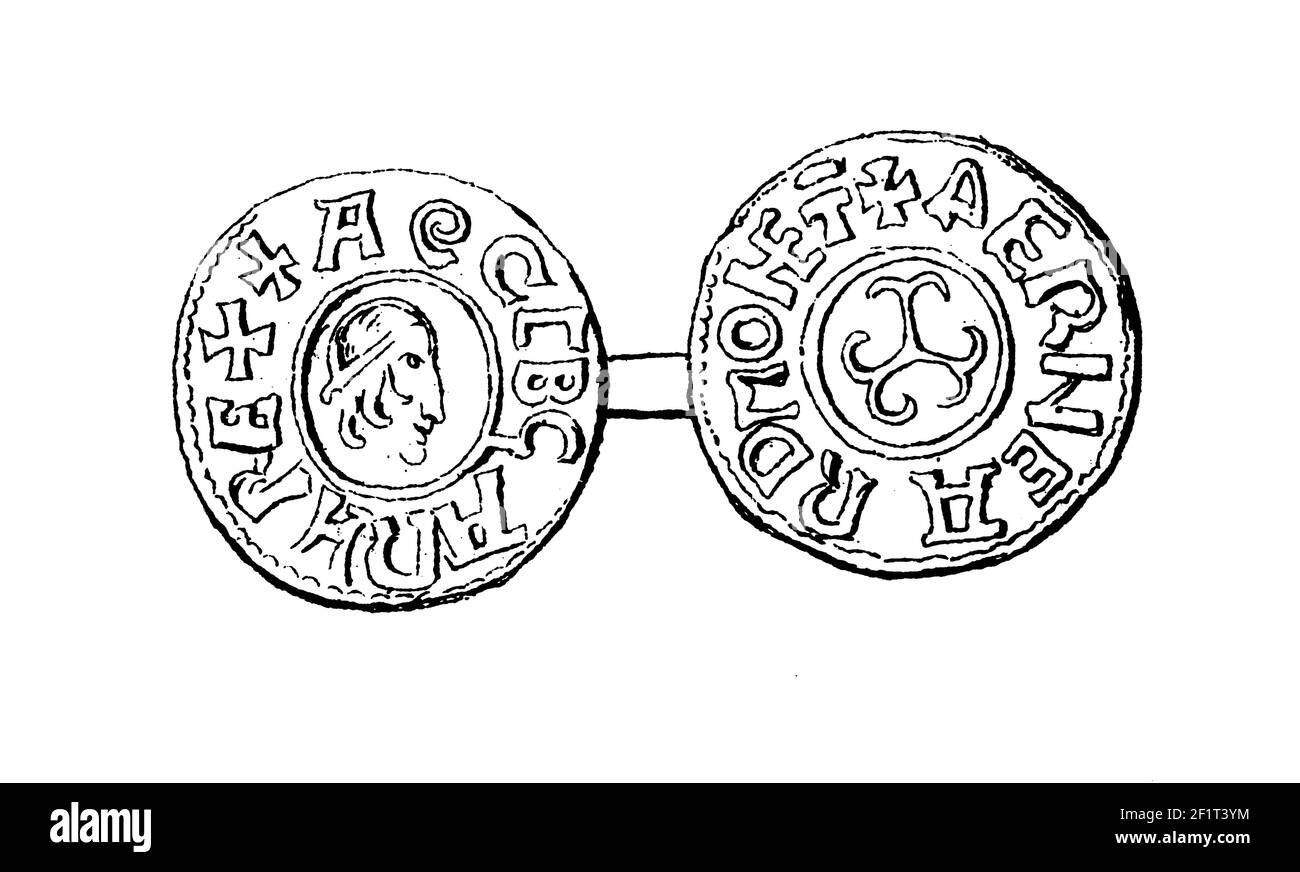 Gravure antique d'un portrait d'Egbert, roi de Wessex. Né en 770 à Wessex, en Angleterre, il meurt en 839. Illustration publiée dans Bilder-Atlas zur Banque D'Images