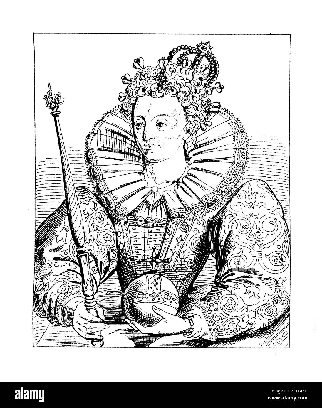 Illustration antique du XIXe siècle d'un portrait d'Élisabeth Ire, reine d'Angleterre et reine d'Irlande. Né le 7 septembre 1533 à Greenwich, Angleterre Banque D'Images