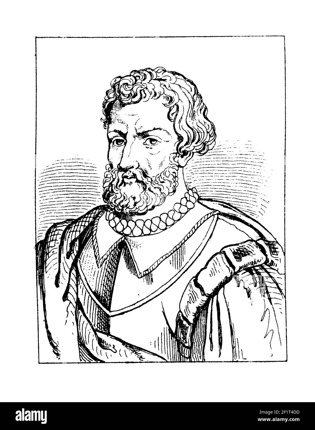 Gravure antique du XIXe siècle d'un portrait de Ferdinand Magellan, explorateur portugais, qui a fait la première tentative réussie de contourner le W Banque D'Images