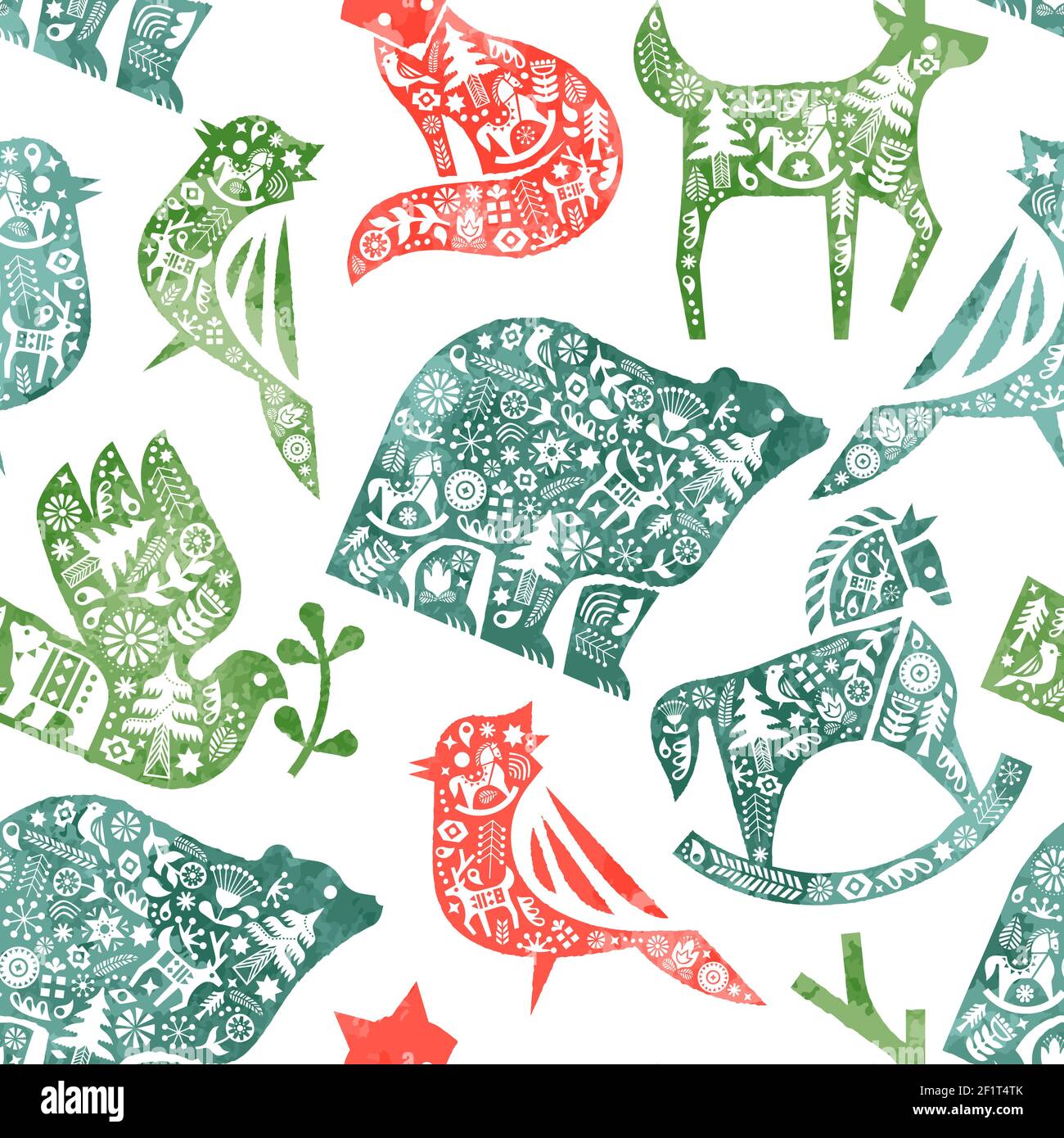 Noël motif sans couture de l'aquarelle des animaux folkloriques décoration dans le style vintage de l'art nordique. Arrière-plan rétro pour papier d'emballage, prin de tissu Illustration de Vecteur