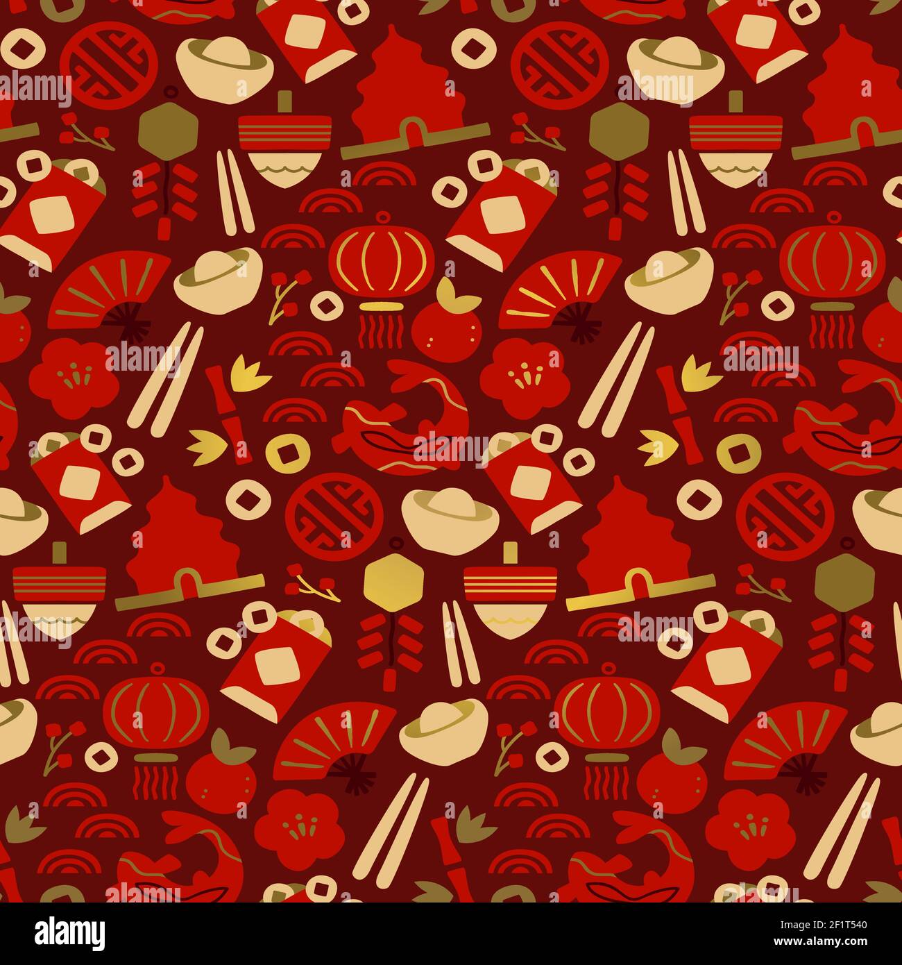 Motif sans couture emblématique de la culture chinoise. L'arrière-plan du symbole or de luxe comprend un ventilateur, une lanterne en papier, des pièces de monnaie et une fleur de prune. Style asiatique pour la spéia Illustration de Vecteur