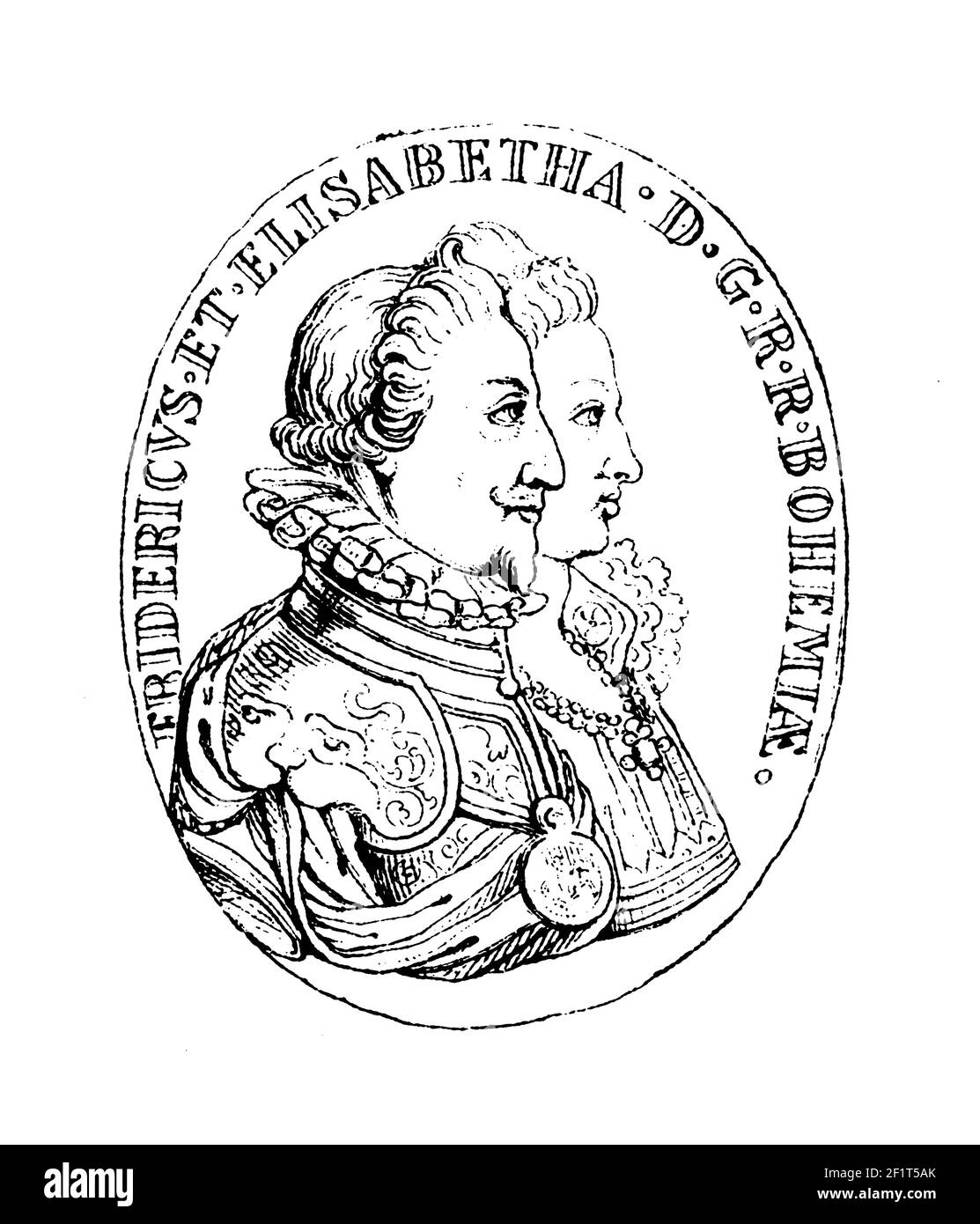 Illustration antique d'un portrait de Frederick V et de sa femme Elizabeth. Frédéric était électeur Palatin et roi de Bohême. Gravure publiée en B Banque D'Images