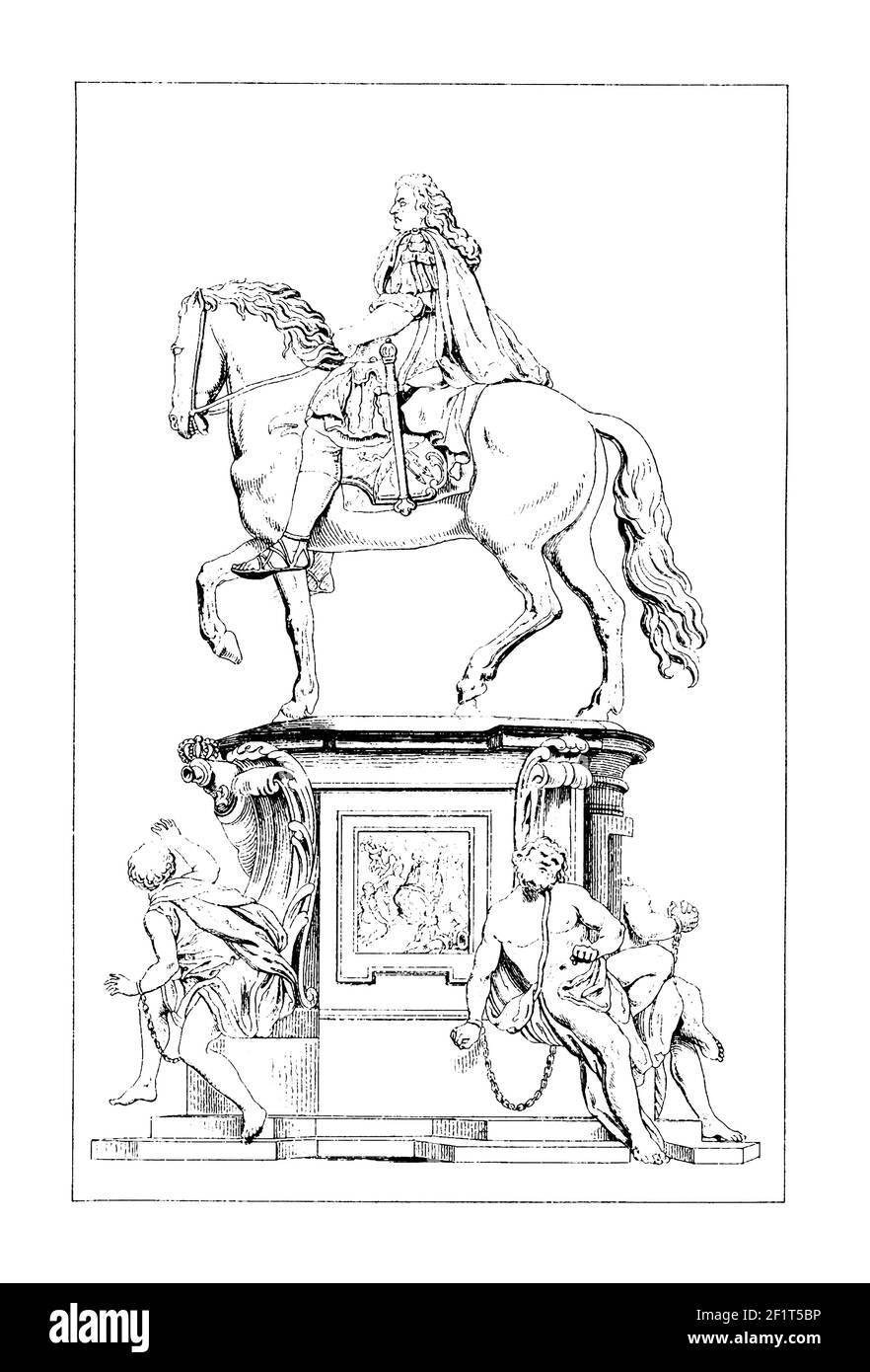 Illustration ancienne de la sculpture de Frederick William dans la cour du château de Charlottenburg. Frederick William était électeur de Brandebourg et Banque D'Images