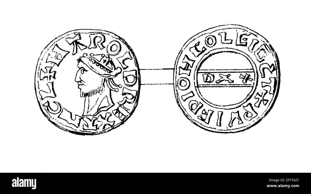 Gravure antique du XIXe siècle d'un portrait de Harold II, roi d'Angleterre. Il est né en 1022 à Wessex, en Angleterre, et est décédé le 14 octobre 1066 à sus Banque D'Images