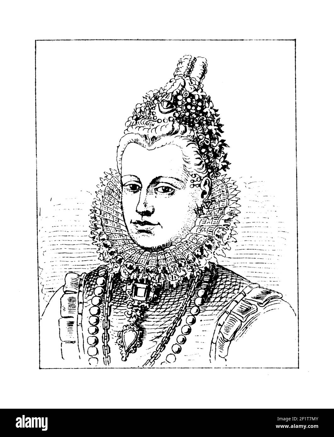 Ancienne gravure du XIXe siècle d'un portrait d'Infanta Isabella Clara Eugenia d'Espagne, souveraine des pays-Bas espagnols avec son husban Banque D'Images