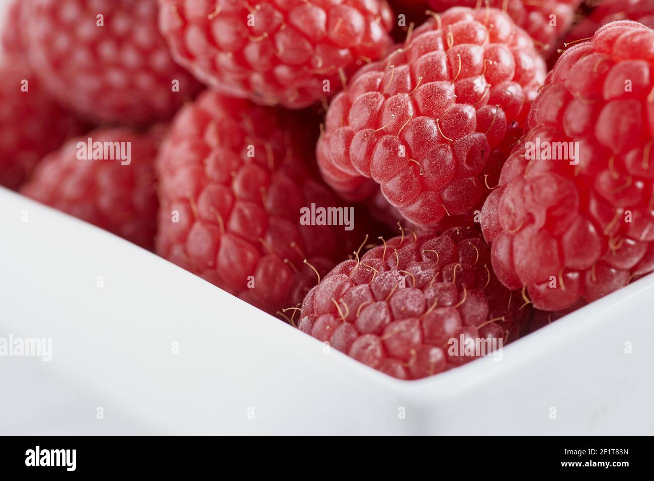 Photo en gros plan des framboises dans un bol blanc. Banque D'Images